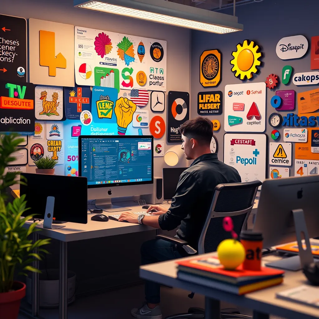 A modern office workspace with a designer working on a computer, surrounded by vibrant graphic design elements, such as colorful illustrations, typography, and brand logos. The atmosphere should be creative and energetic, highlighting the process of bringing ideas to life through visual design.