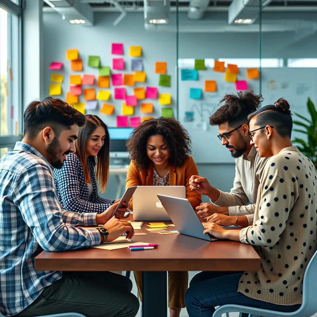 A modern office workspace with a team of diverse individuals working on laptops and tablets, surrounded by colorful sticky notes and brainstorming ideas. The image should convey collaboration, creativity, and a focus on crafting engaging content.