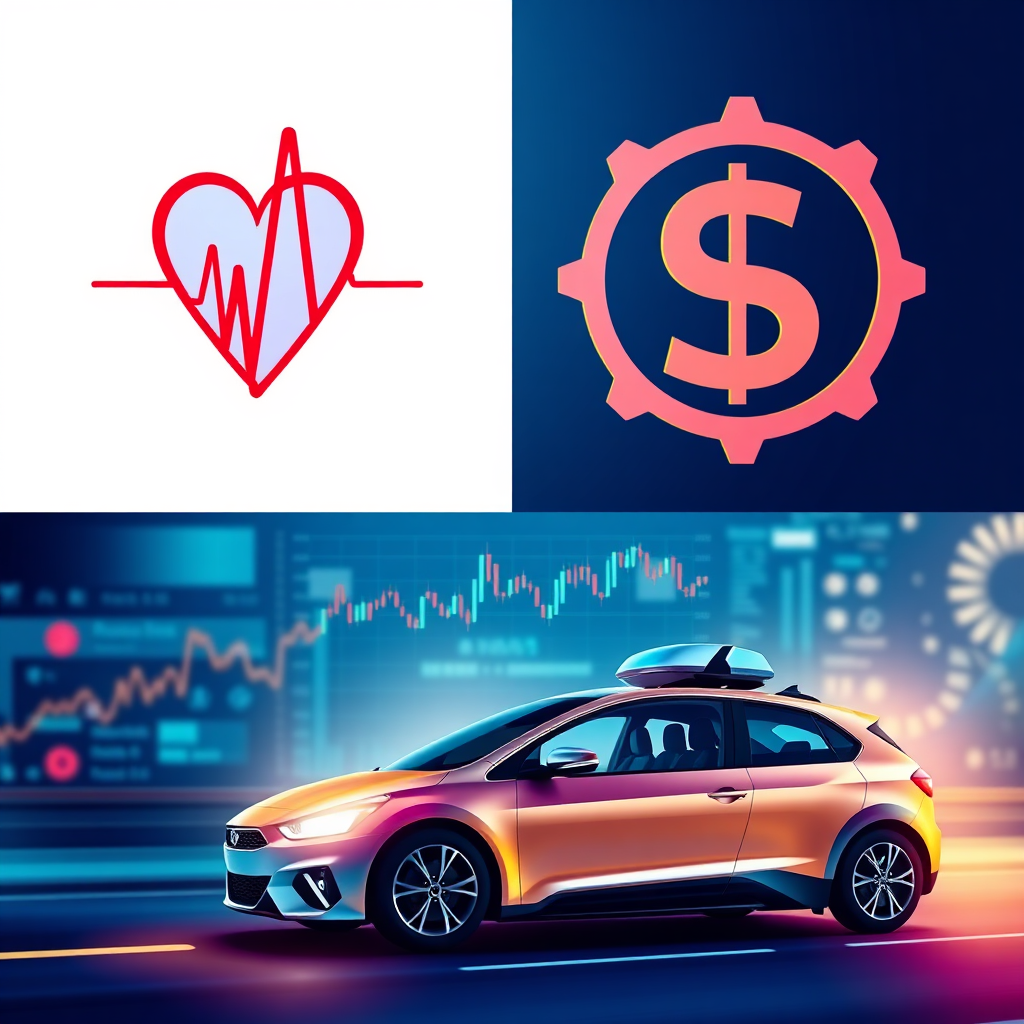 A montage image showcasing AI applications in healthcare, finance, and transportation. Each application should be represented by a relevant symbol: a heart monitor for healthcare, a stock chart for finance, and a self-driving car for transportation. The color palette should be bright and optimistic, reflecting the positive impact of AI on society. The lighting should be even and well-balanced. This image should convey the versatility and transformative potential of AI. Style: Modern and informative. Technical specs: 4K resolution, clear details.
