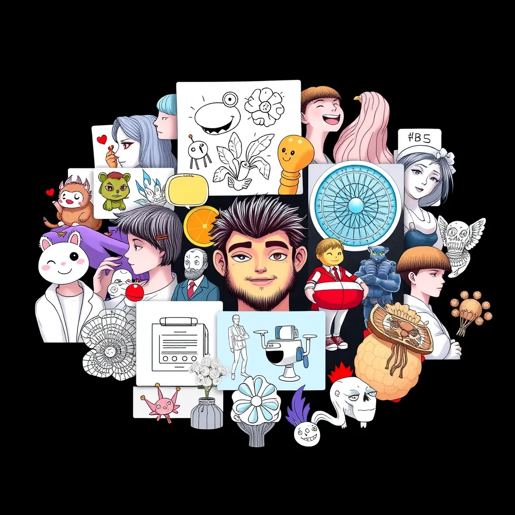 A montage of diverse illustrations showcasing a range of styles and techniques. The montage should include elements like a playful cartoon character, a detailed scientific illustration, a modern minimalist graphic, and a classic line art drawing. Each illustration should be visually distinct and demonstrate the versatility of our services.