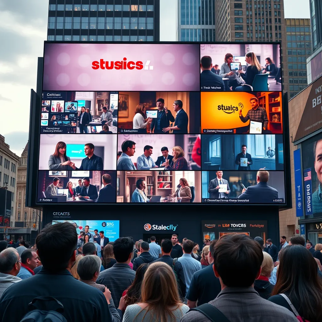 A montage of various video clips playing on a large screen in a bustling city square. The clips showcase different aspects of a brand, such as product demonstrations, customer testimonials, and behind-the-scenes footage. People in the square are watching the videos with interest, their faces reflecting a sense of curiosity and excitement.