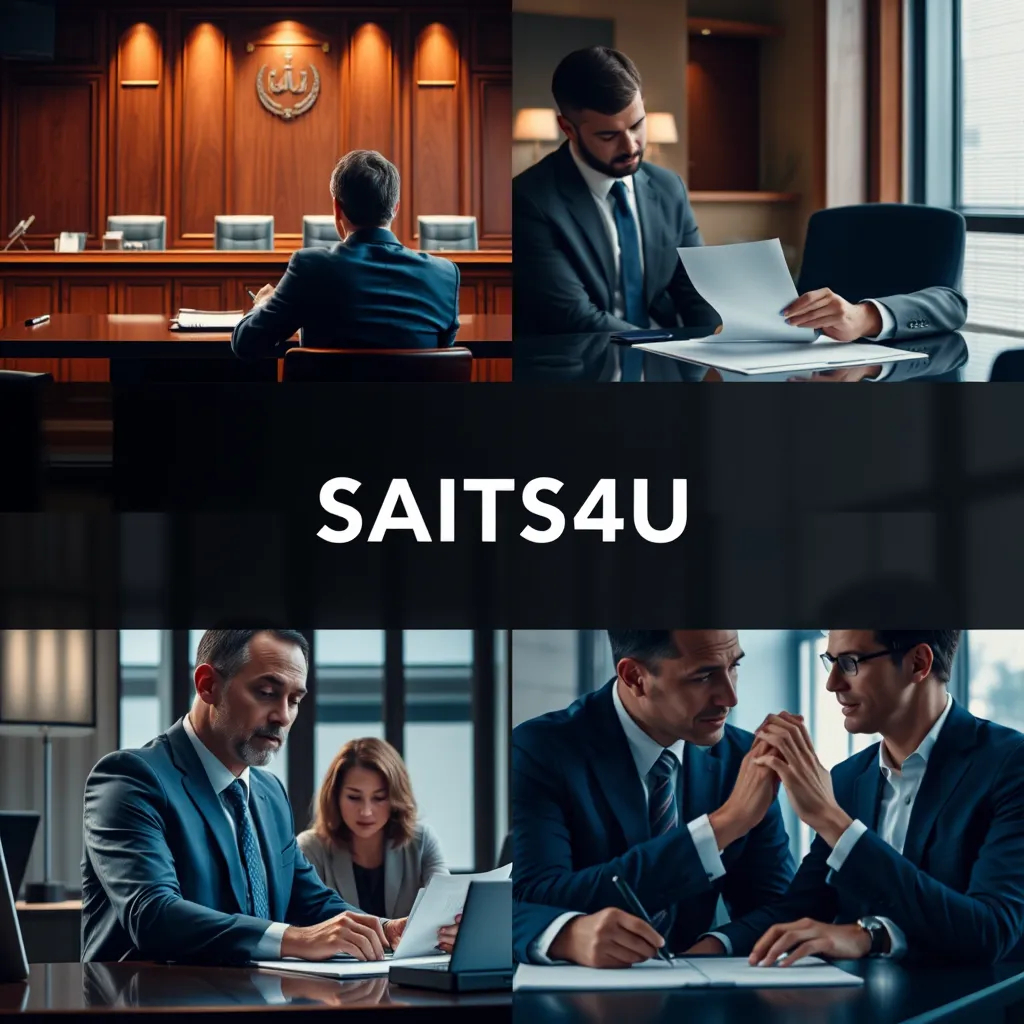 A montage showcasing various legal scenarios, including a courtroom scene, a lawyer reviewing documents, a family law consultation, and a business negotiation. Each scene should represent a different practice area offered by SAITS4U Law Firm, emphasizing their expertise and breadth of services.
