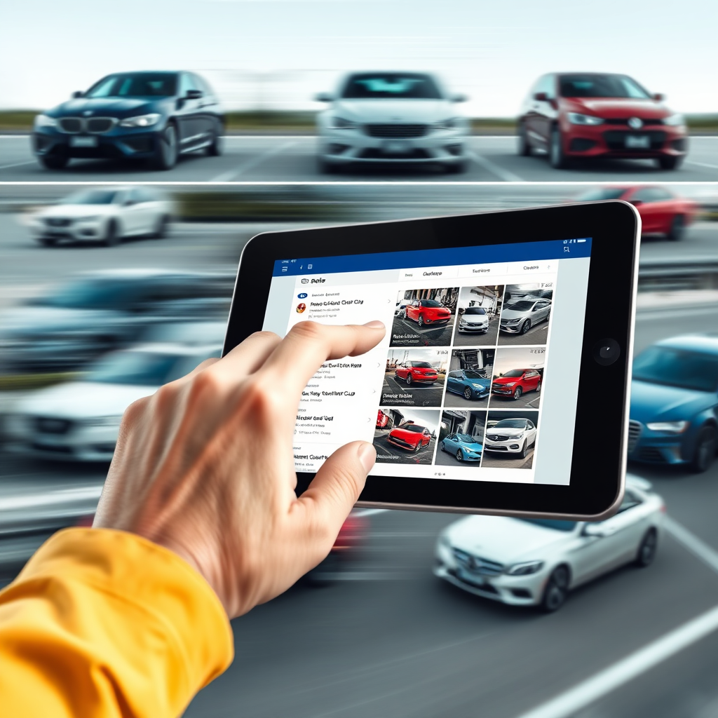 A montage showing a hand swiftly scrolling through car listings on a tablet, interspersed with quick cuts of various car models. Focus on conveying speed and efficiency.