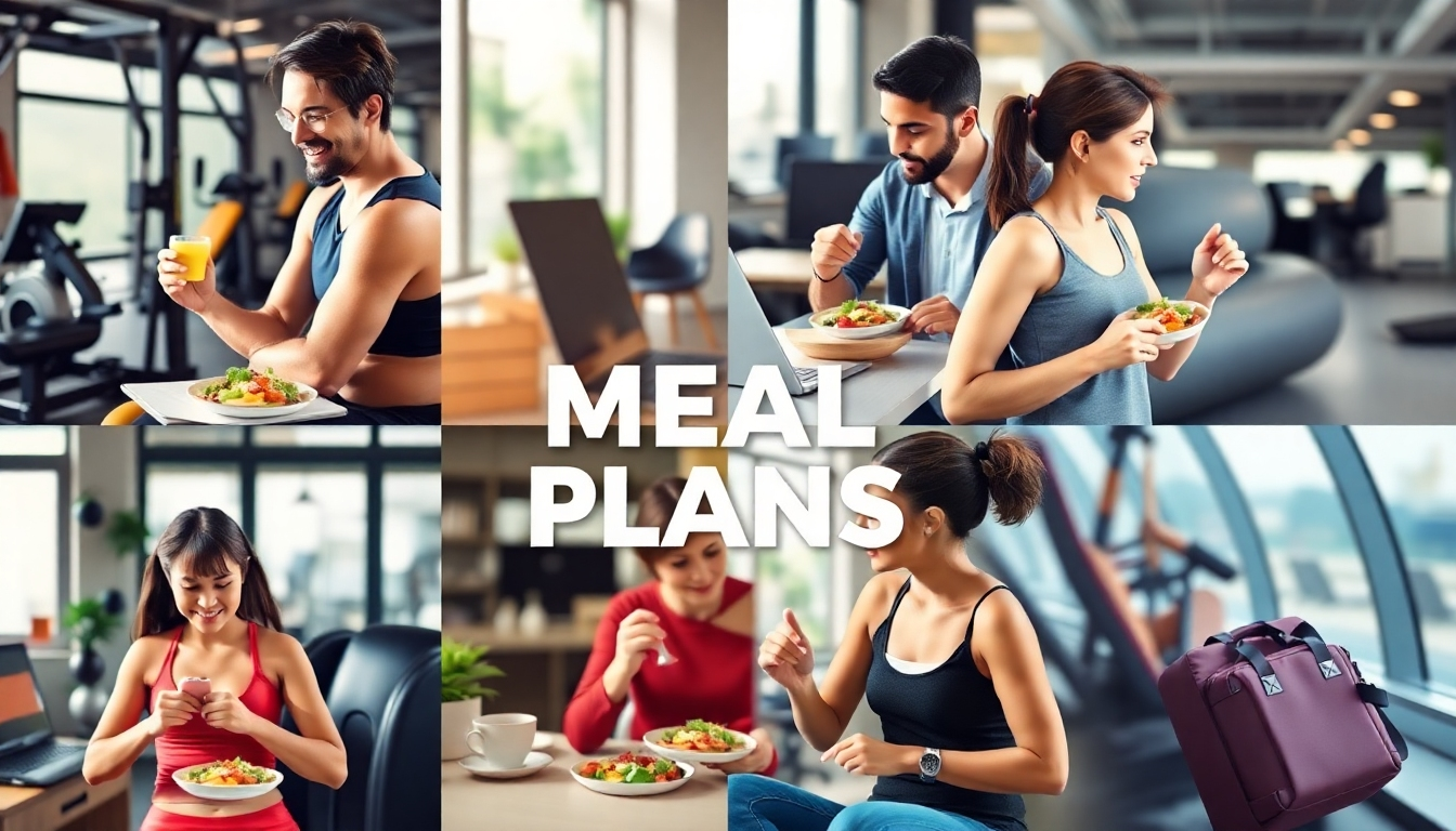 A montage-style image showing various people following their meal plans in different settings (e.g., gym, office, travel), emphasizing the adaptability of the plans to various situations. The image should emphasize convenience and ease of implementation.   The style should be fast-paced and dynamic, while maintaining a high level of clarity. The color palette should be lively and varied, reflecting the different contexts in which the plans can be followed.