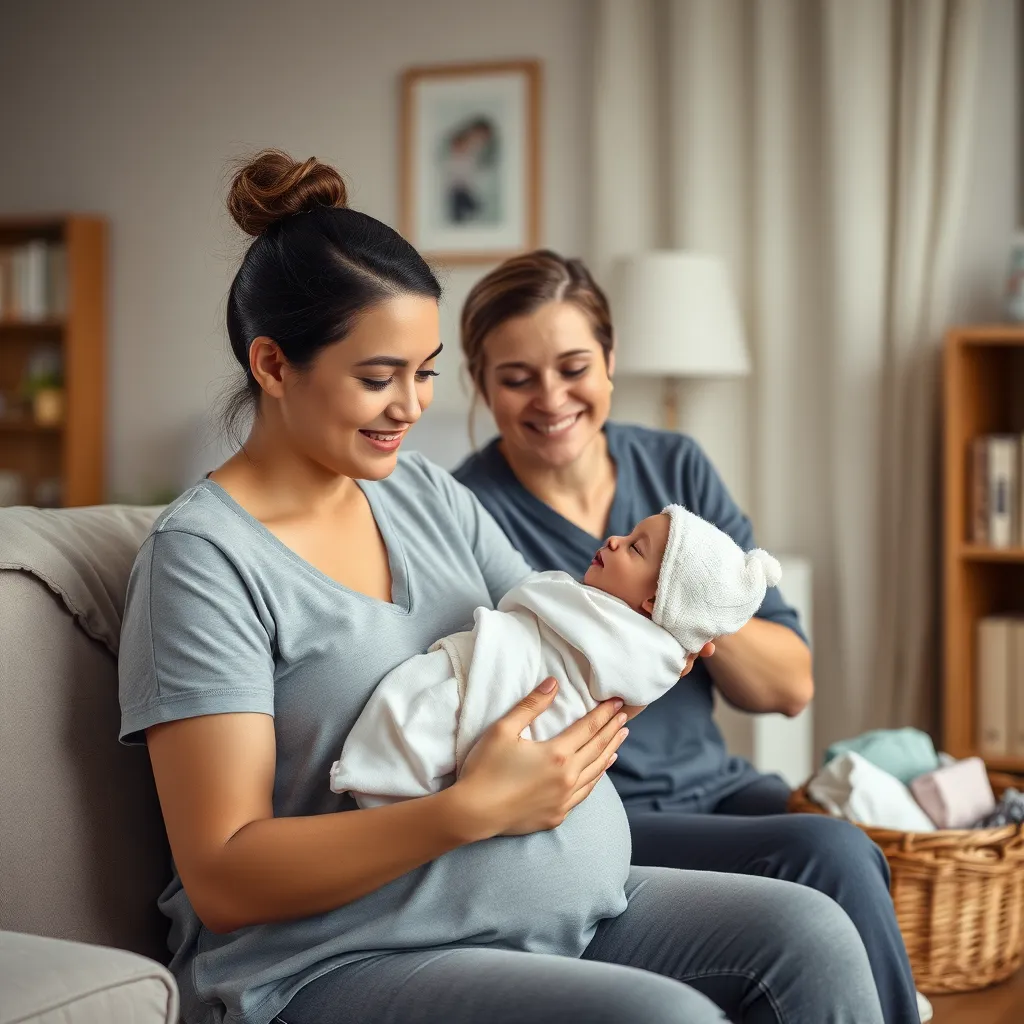 A new mother cradling her newborn baby in her arms, while a midwife sits beside her, offering a gentle smile and support. The scene is set in a cozy living room, with soft lighting and a basket filled with baby essentials.