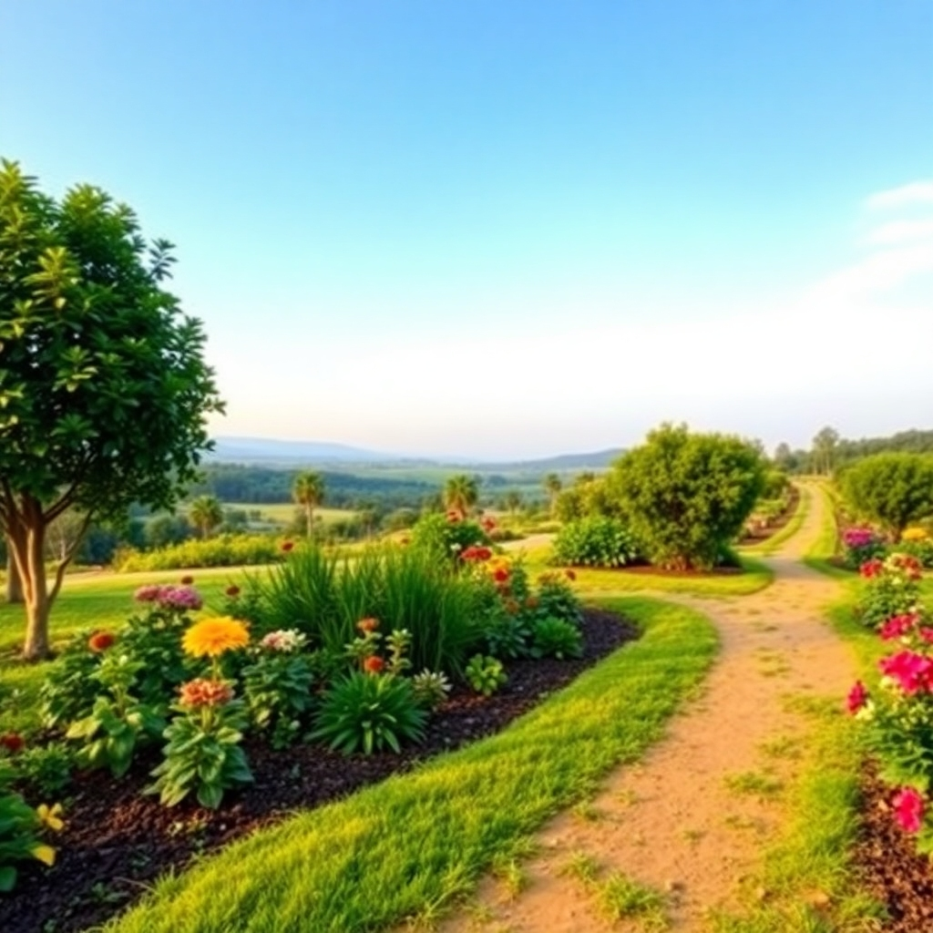 A panoramic landscape depicting a thriving garden, representing a successful social media business. Different plants represent different monetization strategies (e.g., sponsorship trees, affiliate marketing flowers). A winding path leads into the distance, symbolizing long-term growth. Soft, warm lighting. Peaceful and serene.