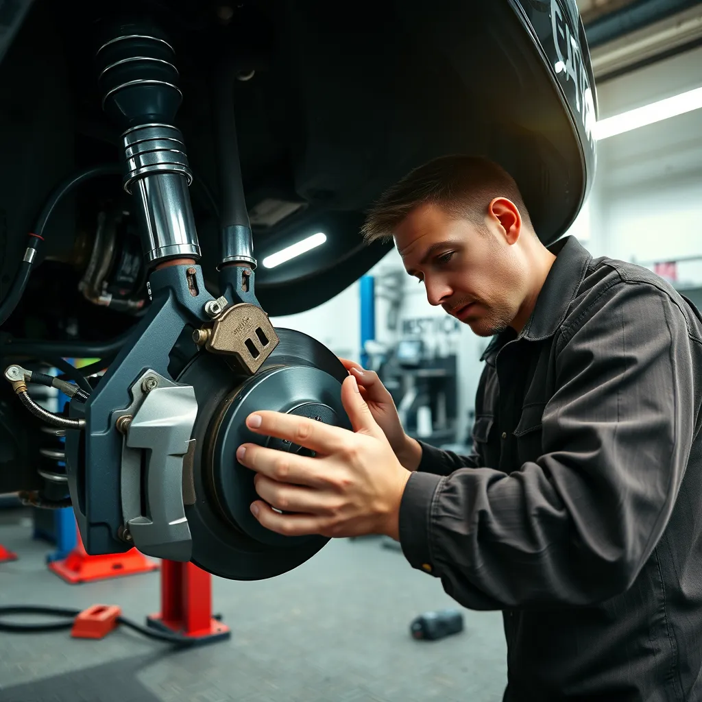 A panoramic shot of a mechanic working on a car's brake system in a professional garage. The image should show various components like calipers, rotors, and brake lines, with the mechanic focusing intently on the task.