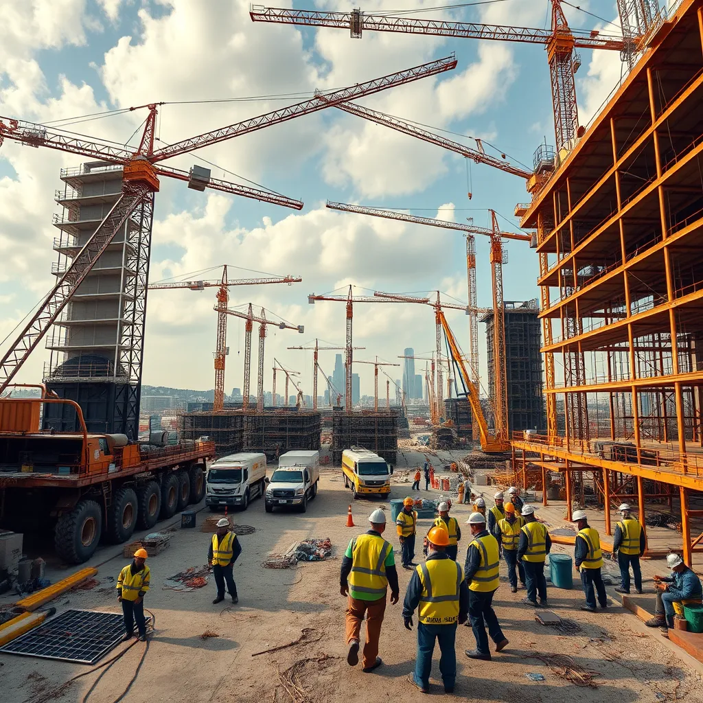 A panoramic view of a bustling construction site, featuring a team of workers building a large commercial building, with cranes and heavy machinery operating in the background. Emphasize the diversity of the project and the collaboration between workers.