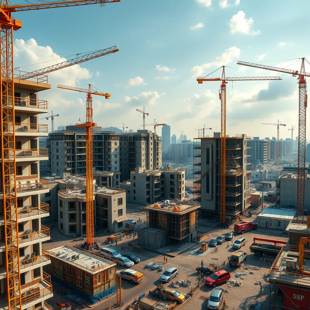 A panoramic view of a bustling construction site with both residential and commercial buildings under construction. The image should showcase the diverse scope of projects undertaken by SAITS4U Construction, featuring cranes, scaffolding, and various workers in different stages of construction.