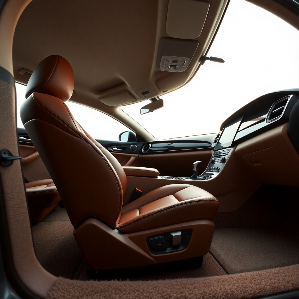 A panoramic view of a car's interior after detailing. The seats are leather, impeccably clean and polished, with a soft, natural glow. The dashboard is dust-free and gleaming, and the carpets are spotless and fluffy. The image should convey a sense of luxurious cleanliness and comfort.