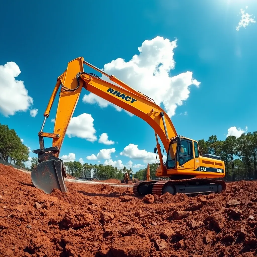 A panoramic view of a cleared lot with a large excavator in the foreground. The excavator is digging into the earth, clearing away debris and preparing the land for construction. The sky is a bright blue, with fluffy white clouds. The scene is framed by a line of trees in the background, adding a sense of perspective and depth. The image should be in a realistic style, with detailed textures for the soil, trees, and machinery. The lighting is bright and sunny, highlighting the power and efficiency of the excavator. The image should be in 8K resolution and hyperrealistic style.