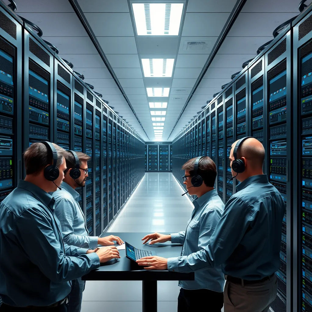 A panoramic view of a large, modern data center, with rows of servers and network equipment. The scene should be lit by soft, diffused light, creating a calm and controlled atmosphere.  In the foreground, a team of IT professionals wearing headsets and business casual attire are collaborating on a project, using high-tech devices and software tools. The image should convey a sense of teamwork, expertise, and efficiency.  Include subtle visual cues representing seamless integration, such as data flowing between servers, graphical representations of interconnected systems, and intuitive interfaces.  The image should be rendered in a photorealistic style, with sharp details and a focus on the intricate technology behind enterprise software integration.