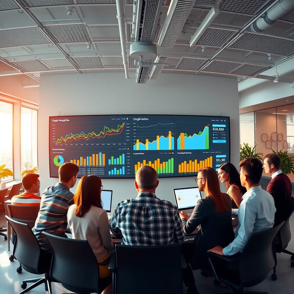 A panoramic view of a modern office space with a team of professionals collaborating around a large screen displaying website analytics data. The screen shows charts and graphs depicting website traffic, user engagement, and conversion rates. The image should have a vibrant and energetic feel, with natural light illuminating the space. Style reference: Google Analytics marketing reports. 8K resolution, photorealistic.
