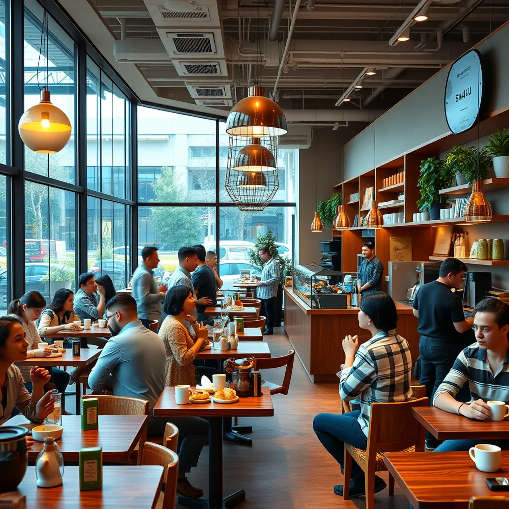 A panoramic view of SAITS4U Coffee Shop during a busy afternoon. Show customers enjoying coffee and pastries, staff interacting with customers, and a vibrant atmosphere filled with laughter and conversation. The image should showcase the welcoming and inviting nature of the coffee shop.