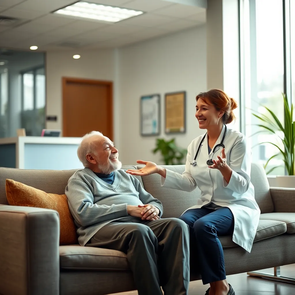 A patient sitting on a couch in a waiting area of a medical clinic, talking to a friendly receptionist. The waiting area should be bright and inviting, with comfortable seating and natural light. The receptionist should be smiling and offering a welcoming gesture, conveying a sense of care and compassion.