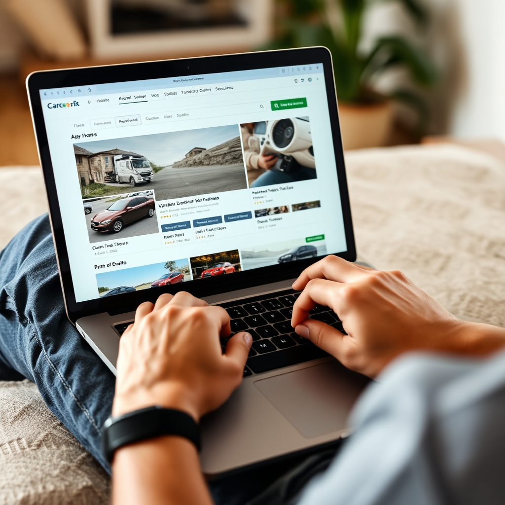 A person casually browsing car listings on a laptop while relaxing at home. Focus on convenience and accessibility.