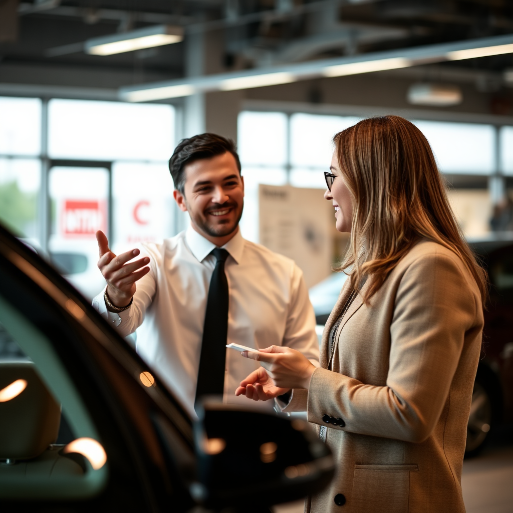 A person confidently negotiating the price of a used car with a salesperson at a dealership. The scene should convey a sense of respectful negotiation and assertive communication. Use a neutral color palette to emphasize the business aspect. The lighting should be balanced and professional. Style: Confident and business-like. Technical specs: 4K resolution, high quality.
