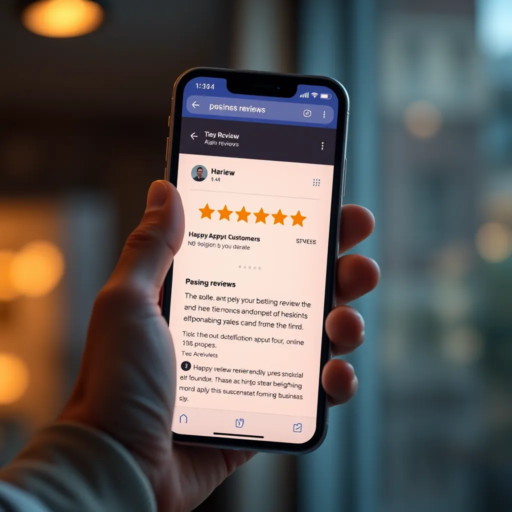 A person holding a mobile phone with a glowing screen displaying a positive review on a business website, highlighting stars and a happy customer testimonial, symbolizing the impact of online reviews.