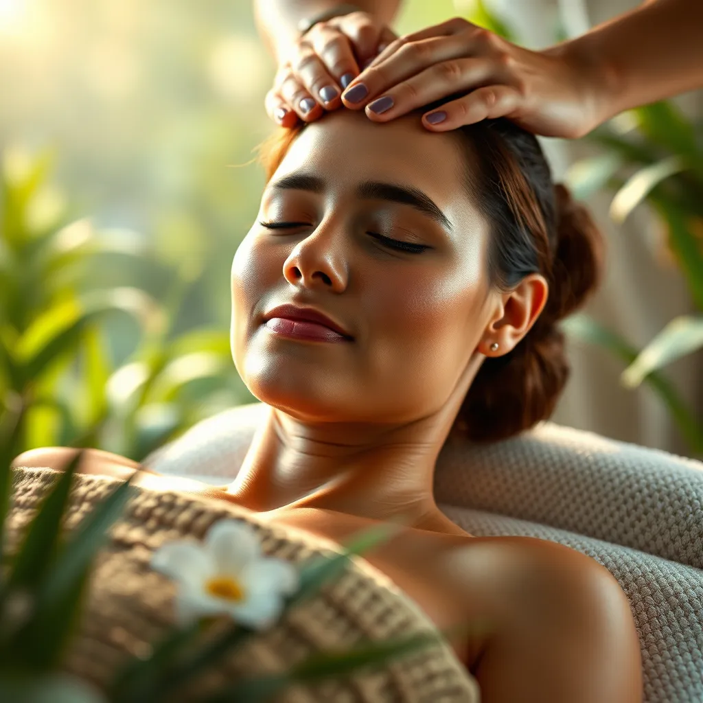 A person in a tranquil setting, surrounded by nature, with a peaceful expression after receiving a massage. The image should emphasize the feeling of rejuvenation, vitality, and overall well-being.
