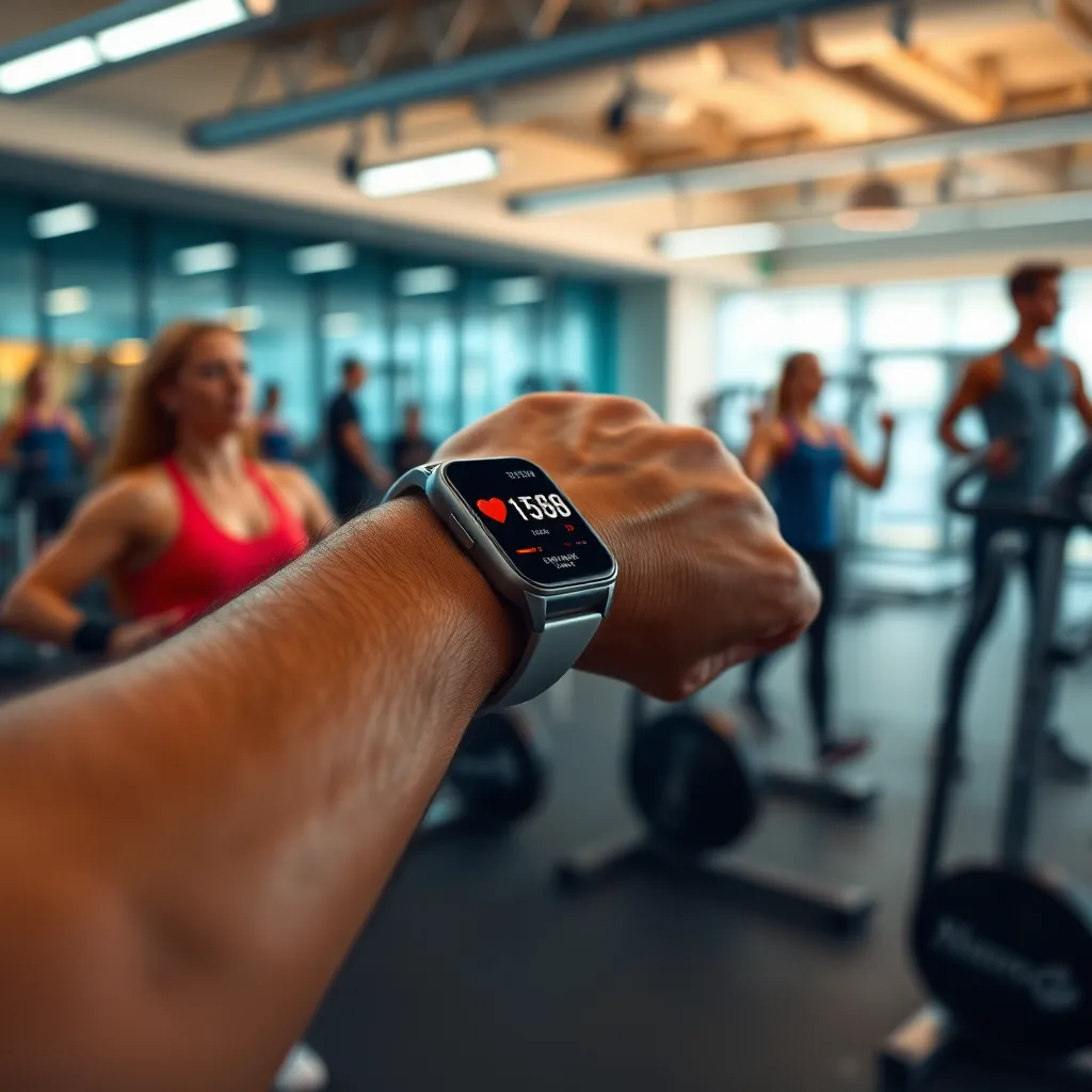 A person is working out at a gym, wearing a sleek fitness tracker on their wrist. The tracker's display shows their workout metrics, such as calories burned, steps taken, and heart rate. The background is a modern, well-equipped gym with other fitness enthusiasts exercising.