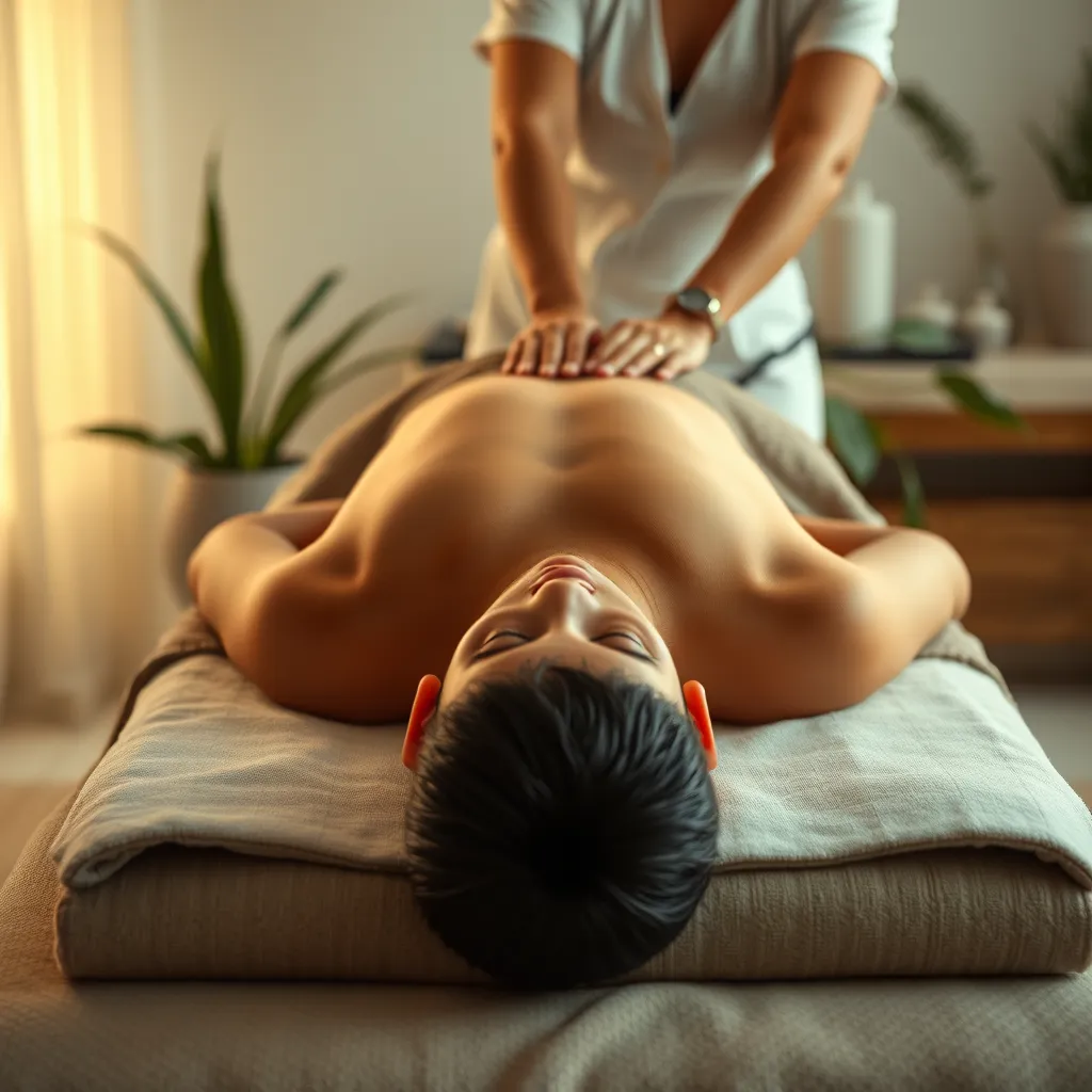 A person lying face down on a massage table, receiving a back massage in a spa-like setting. The room should be decorated with natural elements like plants, soft lighting, and calming colors. The person should have a relaxed expression, and the therapist's hands should be visible, gently working on the back muscles.
