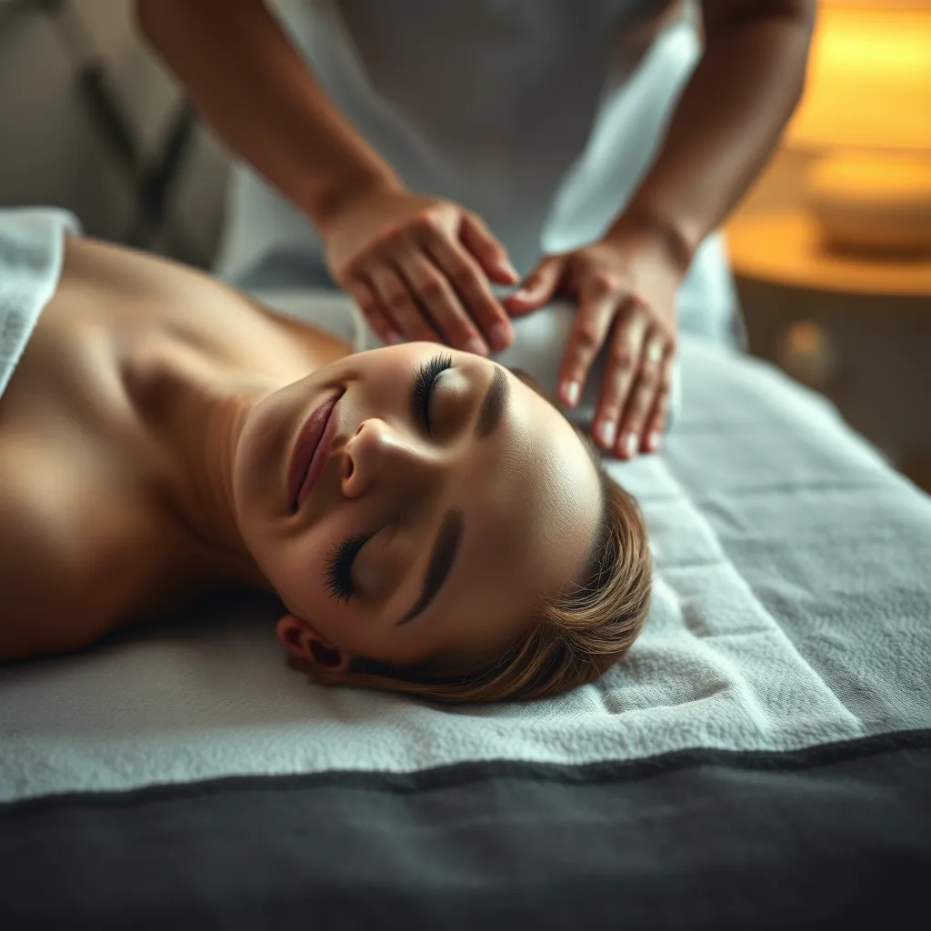 A person lying on a massage table, with their eyes closed and a peaceful expression, as a therapist applies gentle pressure to their shoulders and neck. The image should depict a sense of release and relief from tension.