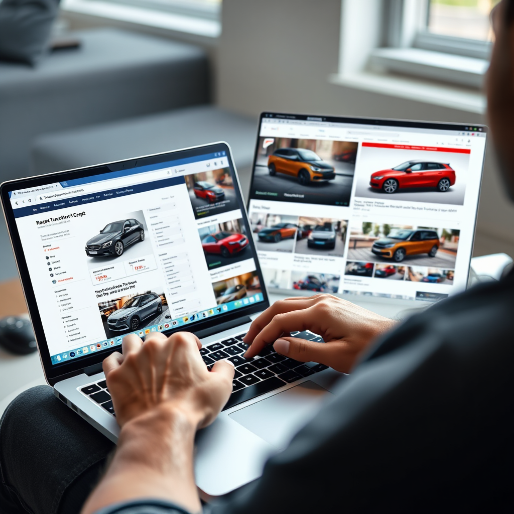 A person meticulously researching cars online using a laptop. Multiple browser tabs are open, showcasing different car models and review websites. The scene should convey a sense of diligent investigation and comparison. Use a clean and modern aesthetic. The lighting should be bright and focused. Style: Informative and tech-savvy. Technical specs: 4K resolution, high quality.