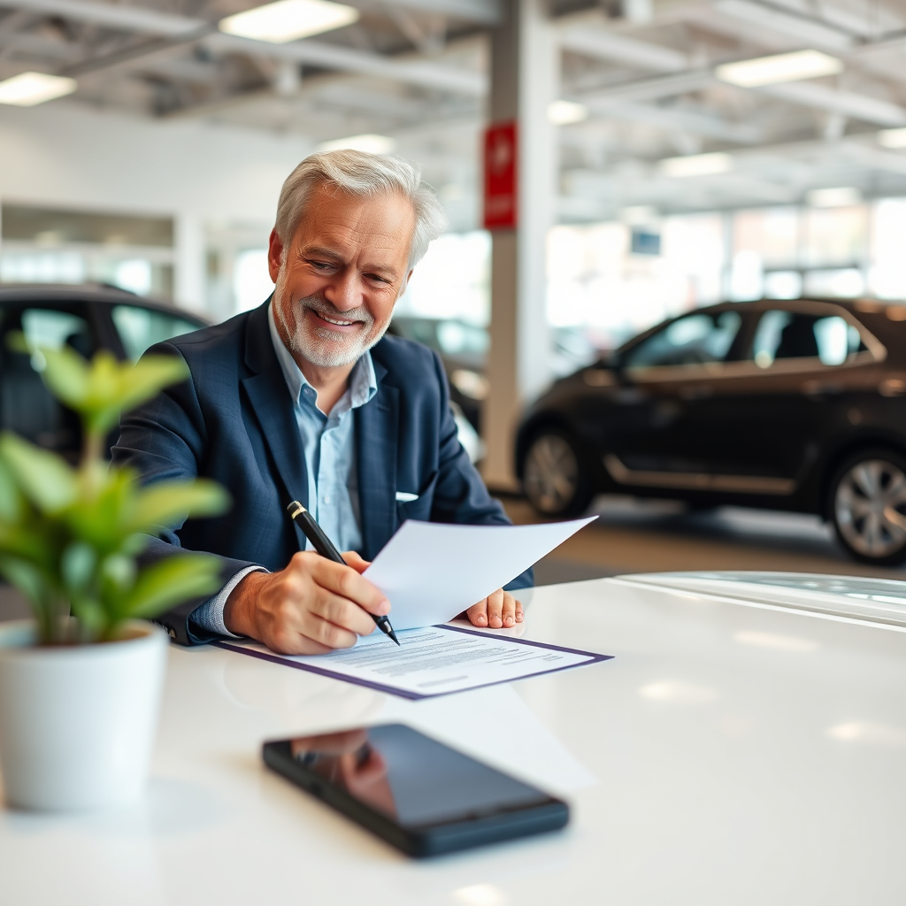 A person signing financing documents at a car dealership. The scene should convey a sense of ease and accessibility. Use a friendly and supportive aesthetic. The lighting should be warm and inviting. Style: Helpful and approachable. Technical specs: 4K resolution, high quality.