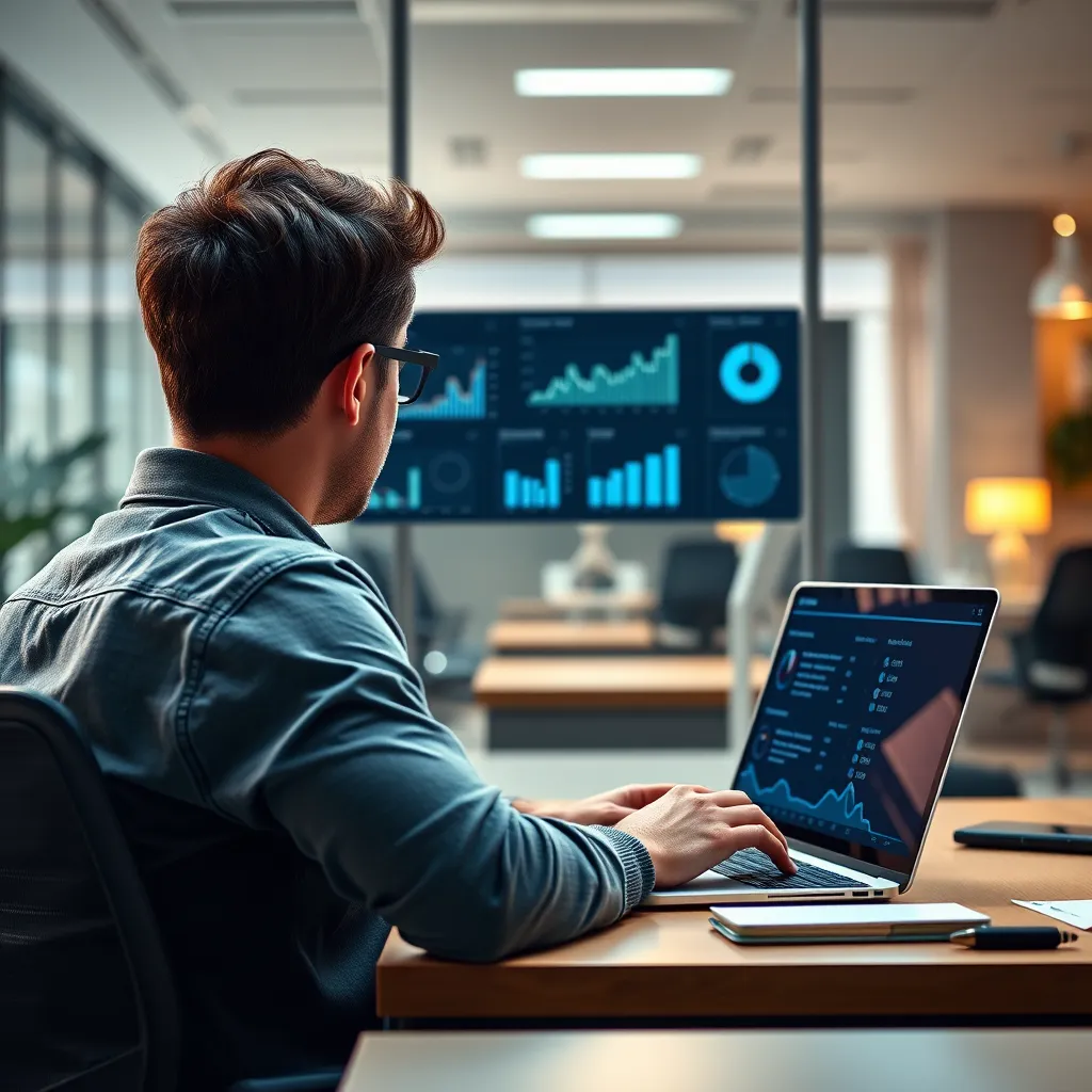 A person sitting at a desk, looking at a laptop screen displaying a data visualization dashboard with charts and graphs. The background should be a modern office environment, emphasizing data-driven insights and decision-making.