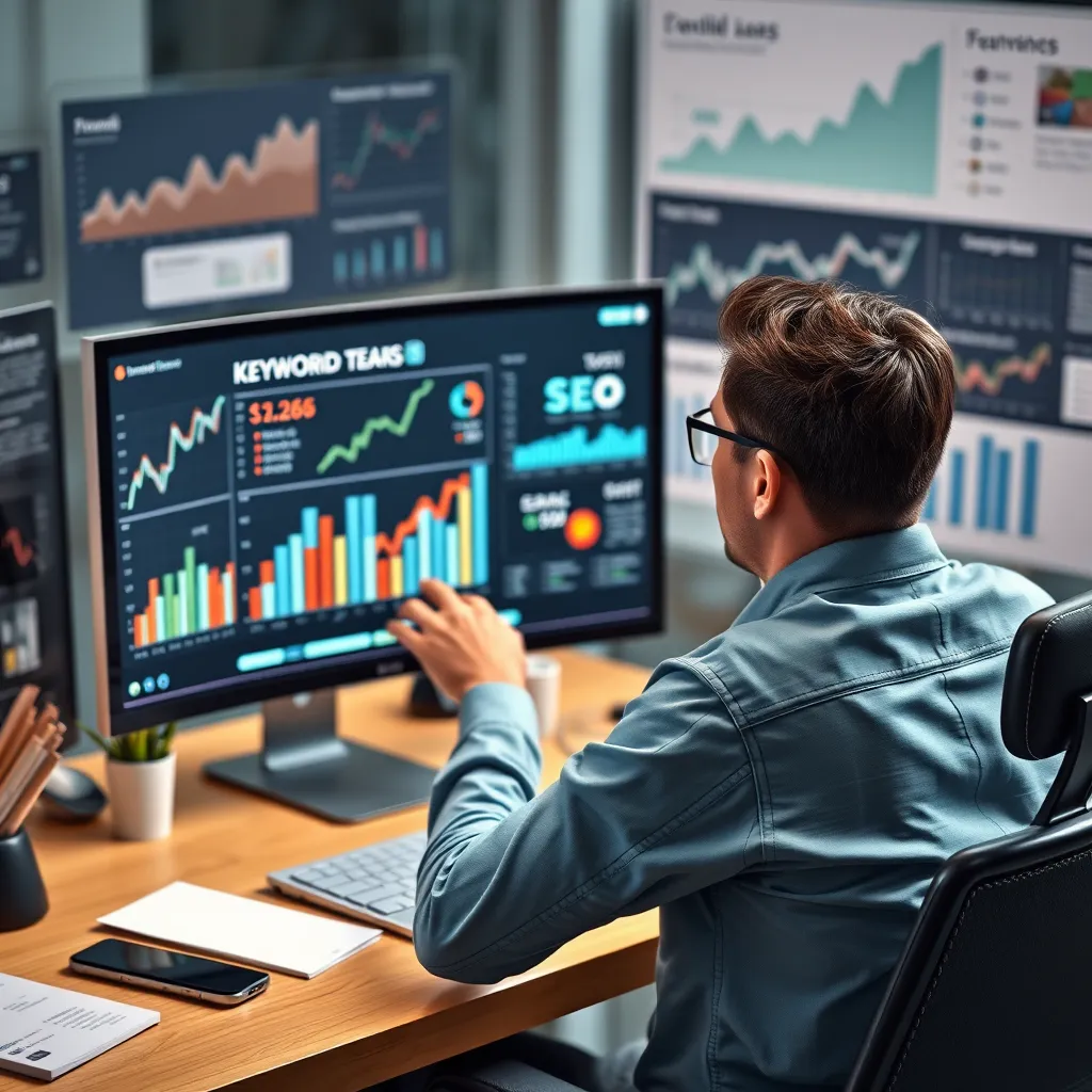 A person sitting at a desk, researching keywords on a computer screen, surrounded by charts and graphs representing website traffic and SEO performance. The image should showcase the process of optimizing content for search engines and achieving higher online visibility.