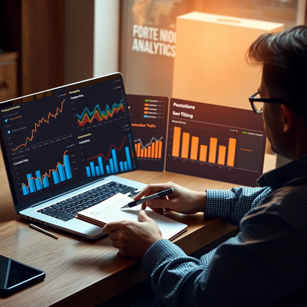 A person sitting at a laptop reviewing a social media analytics dashboard, showing graphs and charts of engagement, reach, website traffic, and conversion rates. The person is making notes on a notepad and adjusting social media settings.