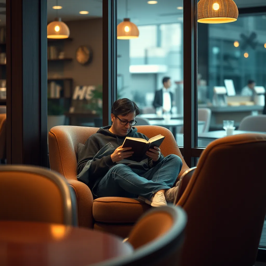 A person sitting comfortably in a plush armchair in the corner of the coffee shop, engrossed in a book while enjoying a cup of coffee. The atmosphere is peaceful and quiet, with soft lighting and calming music playing in the background.