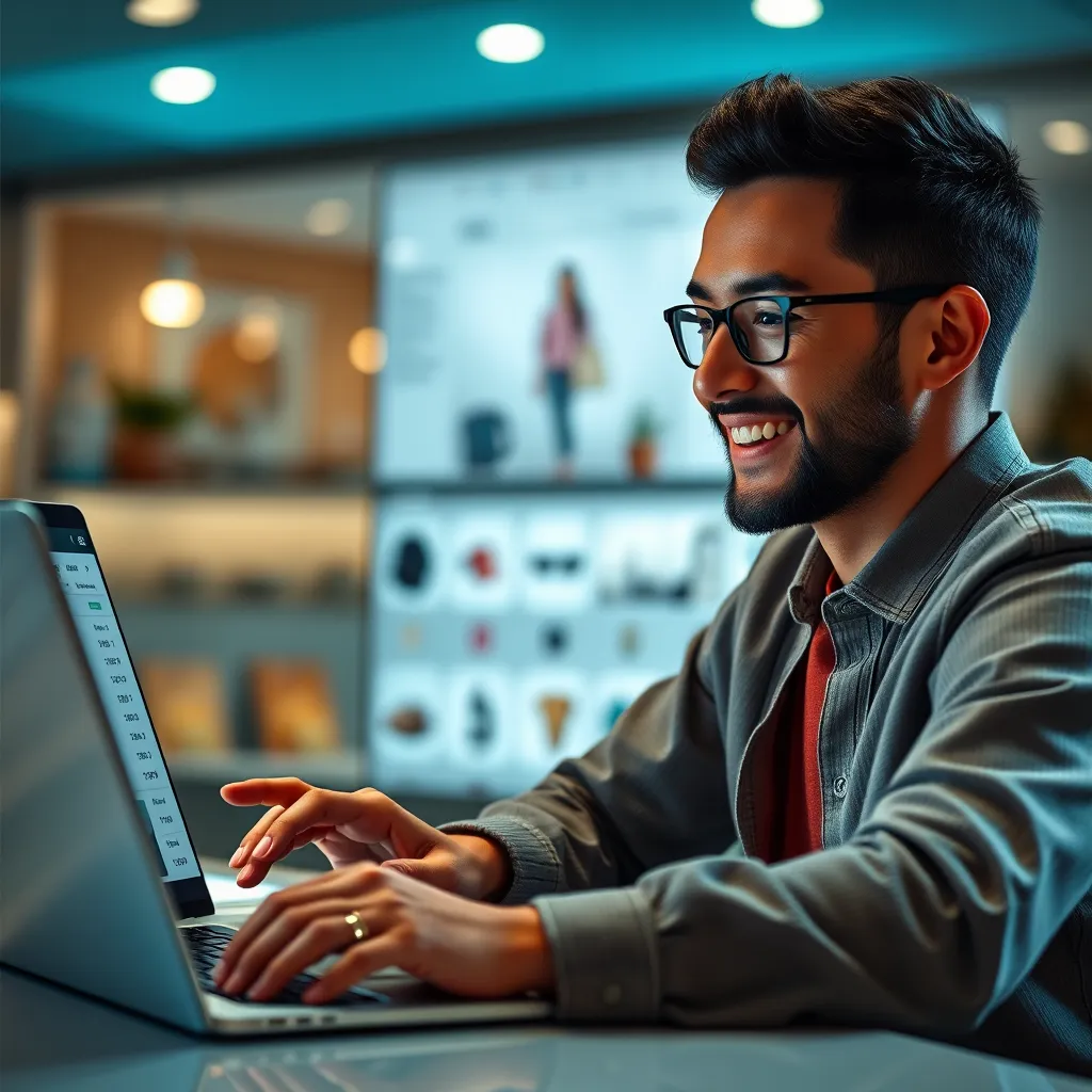 A person smiling and browsing through a website on a laptop, showcasing a sleek and intuitive online store interface with easy-to-navigate product categories, a shopping cart icon, and a secure checkout process. The image should highlight a smooth and enjoyable shopping experience.