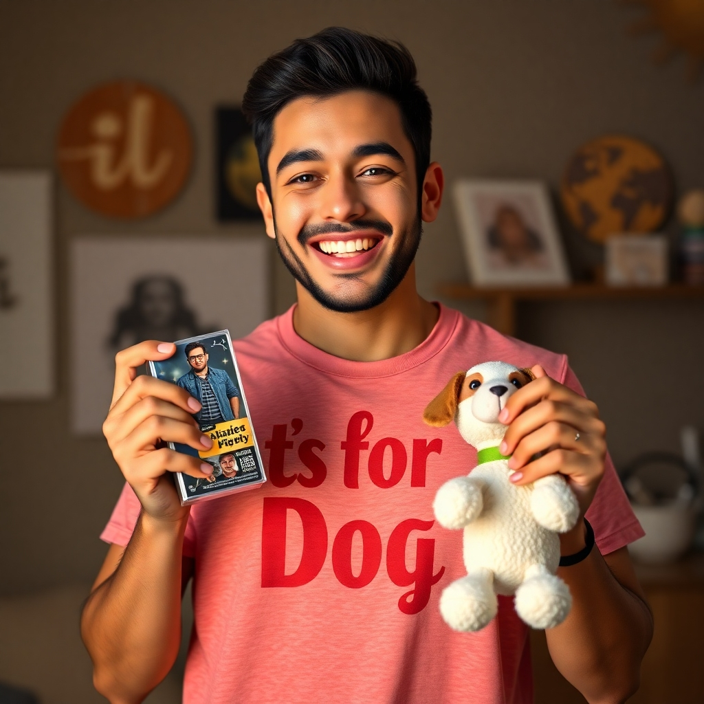 A person smiling enthusiastically while holding a product related to their passion, like a designer holding a custom t-shirt or a pet lover holding a dog toy.