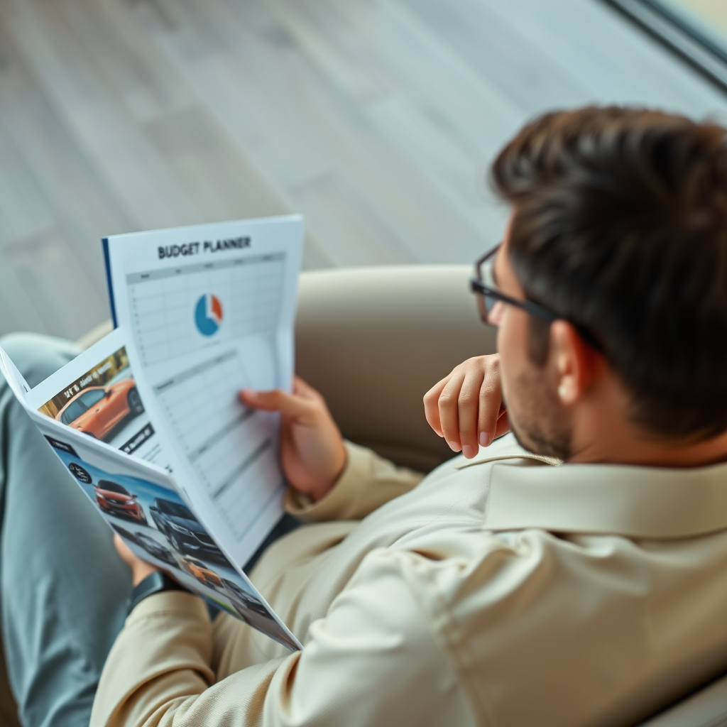 A person thoughtfully reviewing financial documents and a budget planner, with a car dealership brochure subtly placed nearby. Focus on conveying a sense of financial responsibility and planning. Use a warm, inviting color palette to suggest a positive and proactive approach to car buying. The lighting should be soft and natural. Style: Realistic and relatable. Technical specs: 4K resolution, high quality.