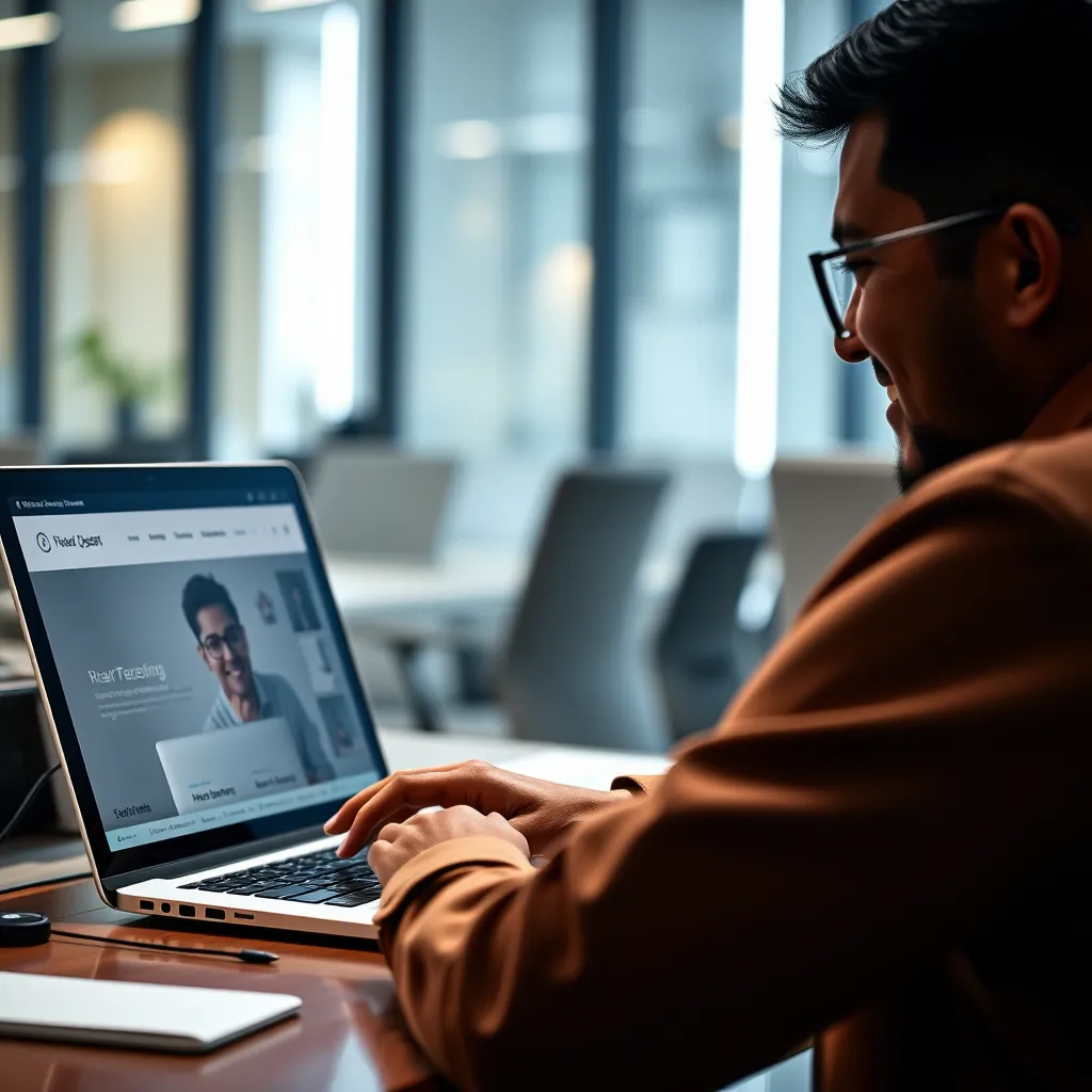 A person using a laptop, browsing a website with a clean and minimalist design. The website should have a clear navigation menu and a visually appealing layout. The user should be smiling and interacting with the website with ease. The background should be a modern office setting, emphasizing the focus on user experience.