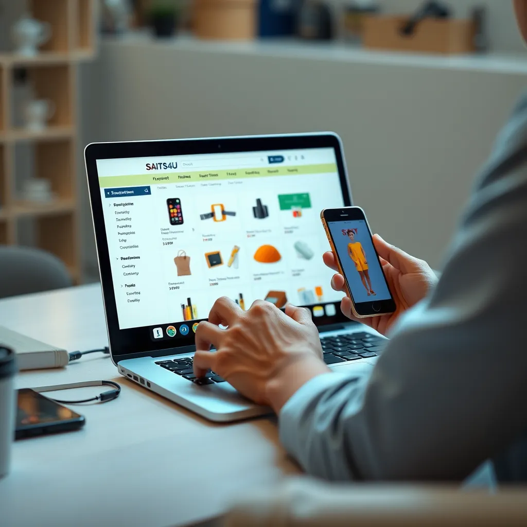 A person using a laptop or smartphone to browse and purchase products from SAITS4U. Show a user-friendly interface, clear product descriptions, easy navigation, and a secure checkout process. Highlight the positive emotions of a convenient shopping experience.