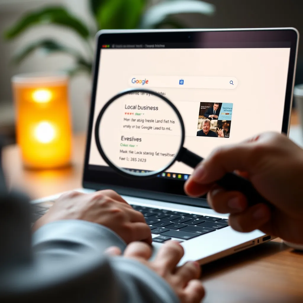 A person using a laptop with a screen showing a Google search results page. The first result is a website for a local business, highlighting the business name, address, and phone number. The person has a magnifying glass in their hand, symbolizing the process of finding and clicking on the local business website.
