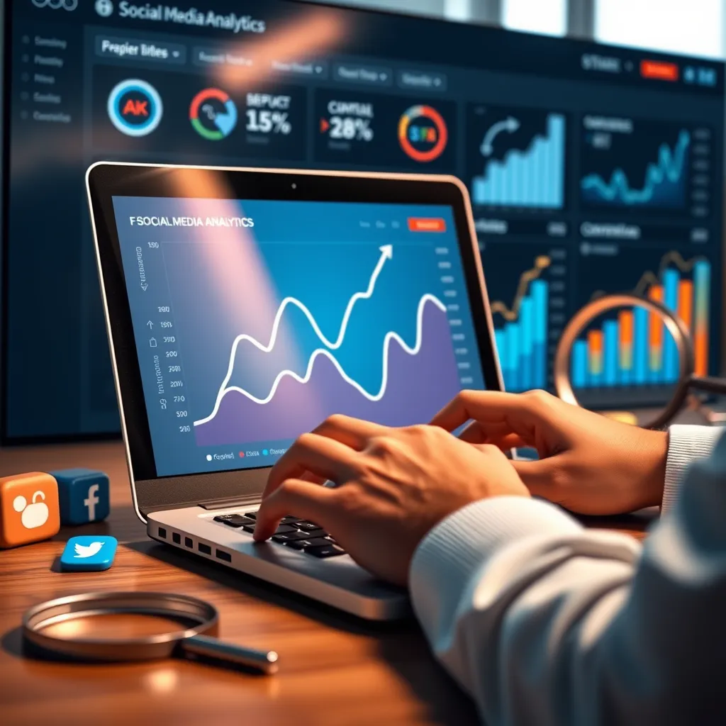 A person using a laptop with a graph showing upward trends, surrounded by social media icons and a magnifying glass. In the background, a dashboard with social media analytics is displayed, highlighting key metrics like engagement, reach, and conversions.
