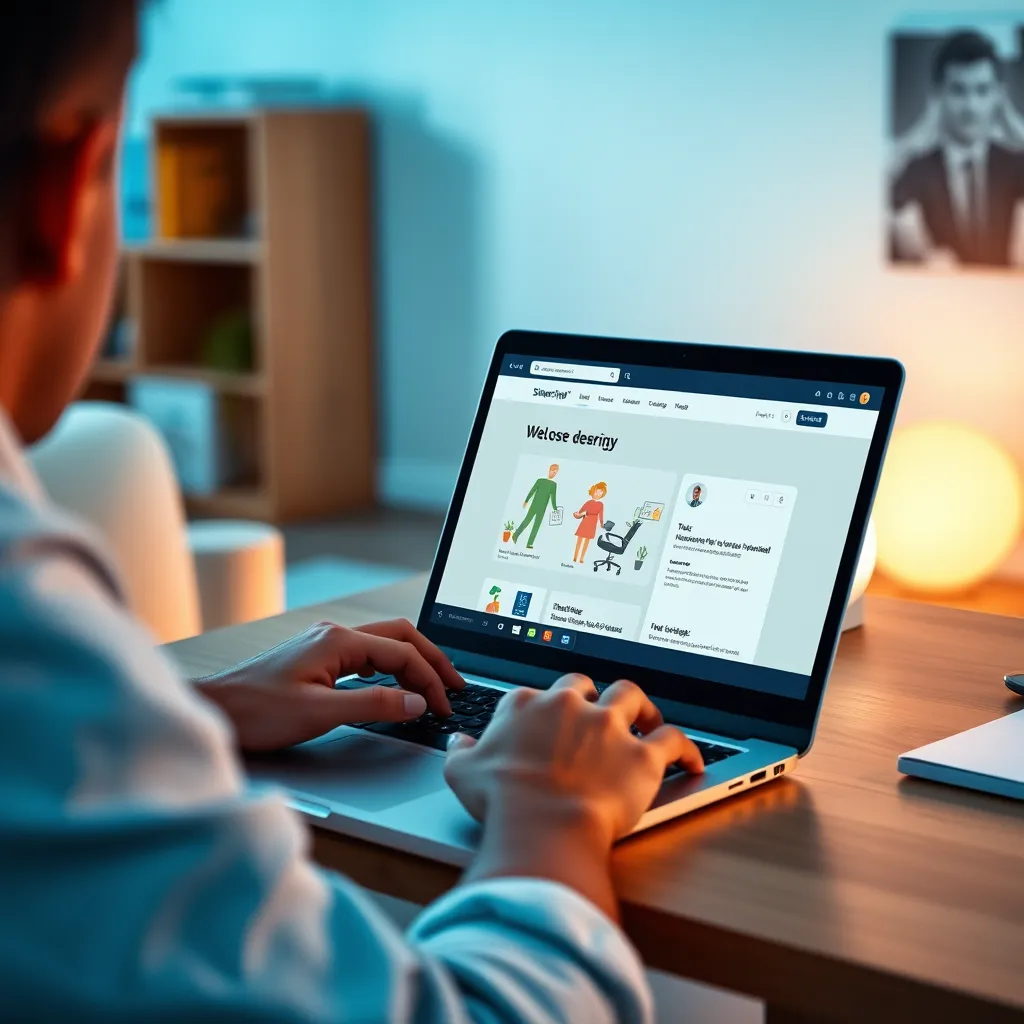 A person using a laptop with a clean and minimalist website design. The interface is user-friendly and easy to navigate, featuring clear call-to-actions and intuitive menus. The background should be a comfortable and modern workspace, emphasizing the focus on user experience.