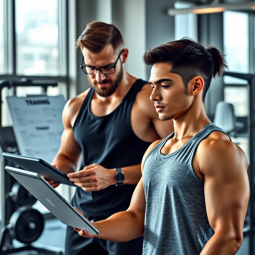 A personal trainer working with a client at a gym, showing them proper form during a workout, with a personalized training plan displayed on a tablet or whiteboard in the background. The gym should be modern and well-equipped, with natural light streaming in through large windows. The client should be looking determined and focused on their training.