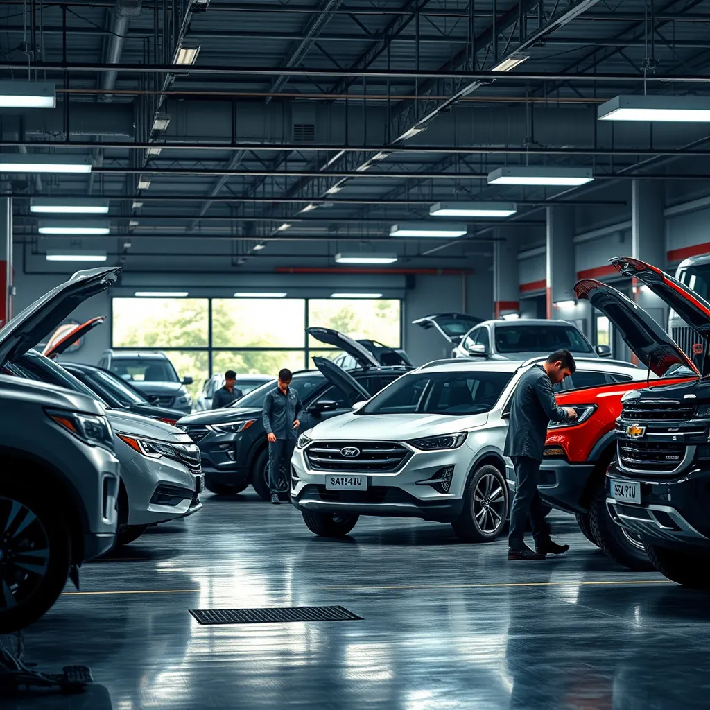 A photo depicting a variety of vehicles, including cars, trucks, and SUVs, parked in a garage or service center. The scene should be filled with SAITS4U's technicians working on different vehicles, showcasing their expertise and the diverse services they offer.