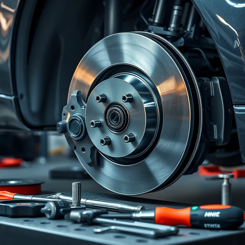 A photo of a mechanic replacing brake rotors on a car. The image should show the new, shiny rotors being installed, along with various tools and equipment neatly arranged around them.