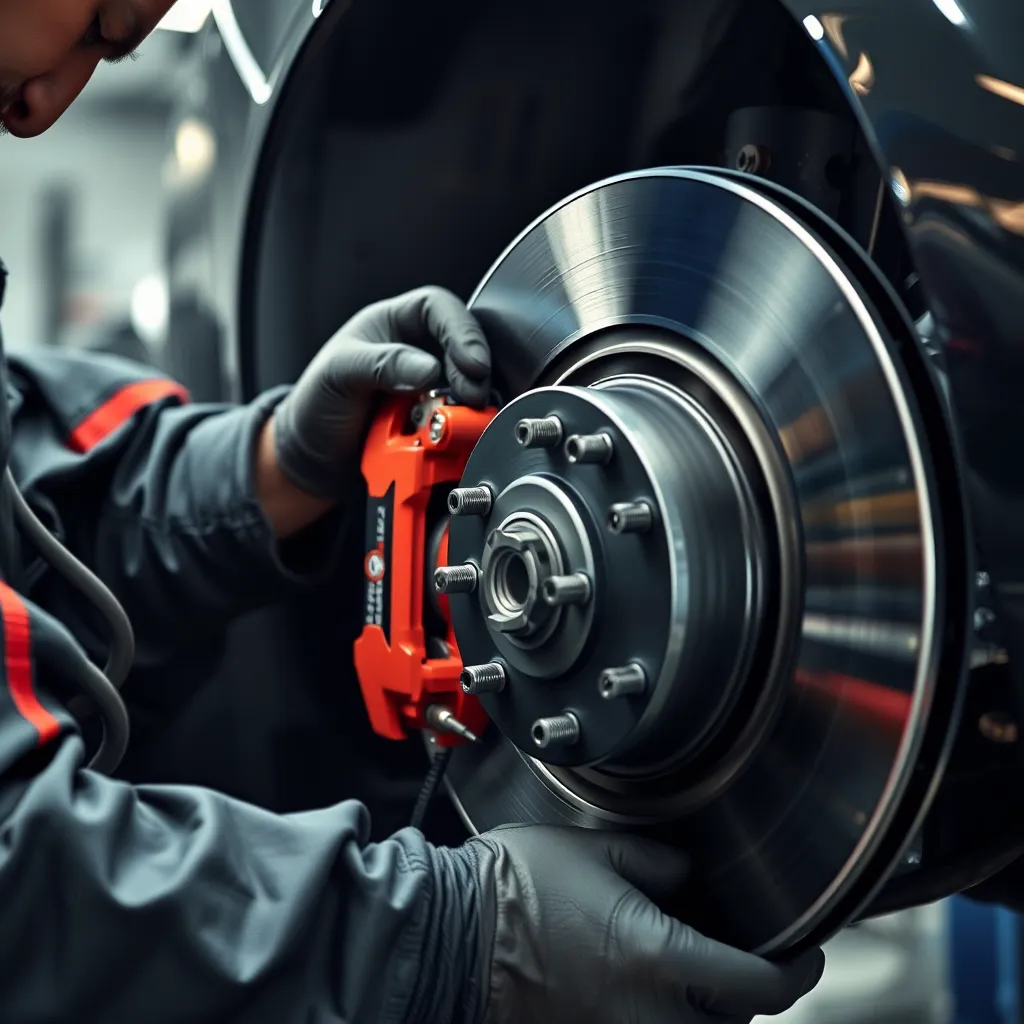 A photo of a mechanic working on a car's brake system, focusing on the process of replacing brake pads and rotors. The image should emphasize the mechanic's expertise and the complexity of the brake system.