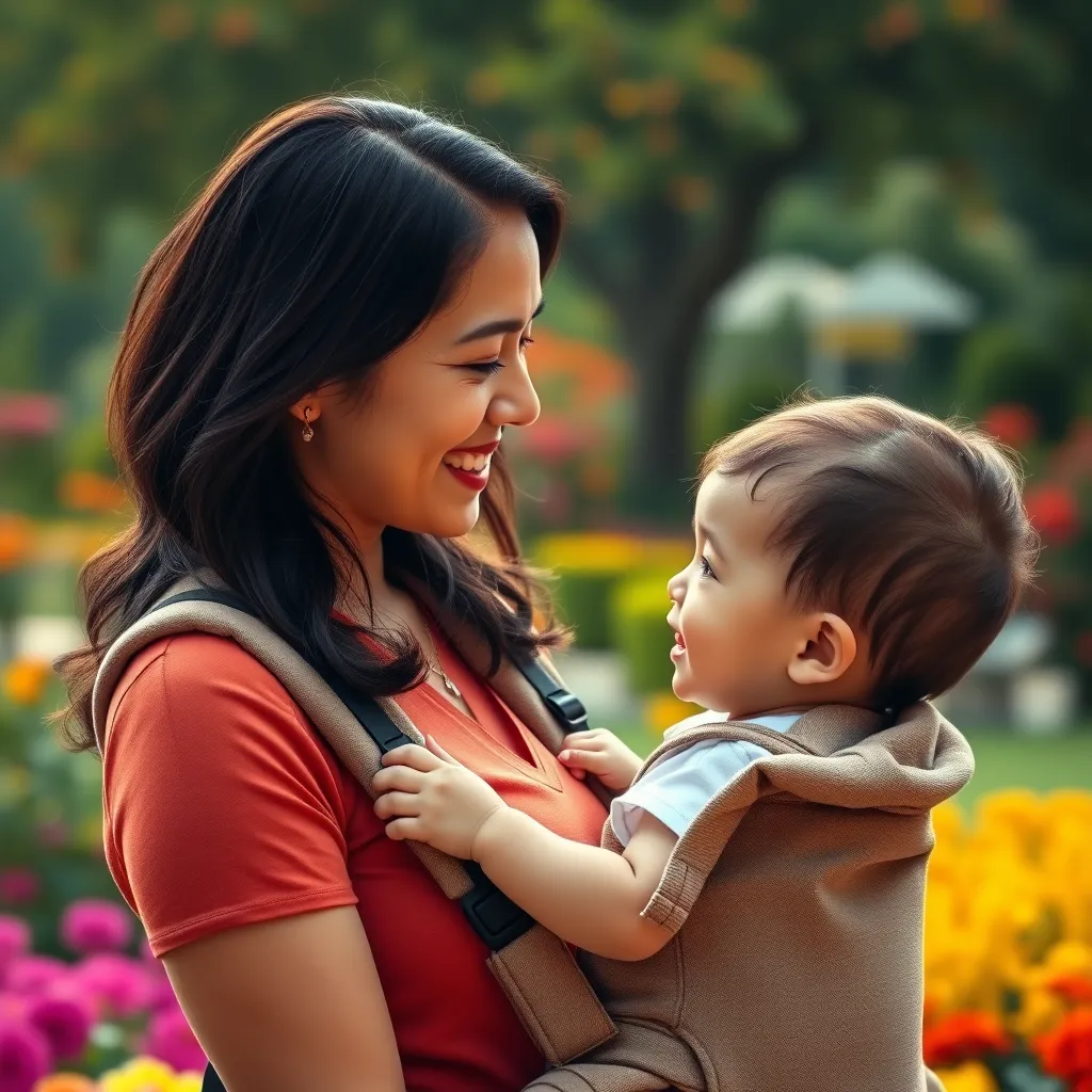 A photo of a mother and her baby looking at each other with smiles and love. The baby is sitting in a baby carrier, close to the mother's chest. The background is a vibrant and colorful scene of a garden or park, symbolizing growth and happiness.