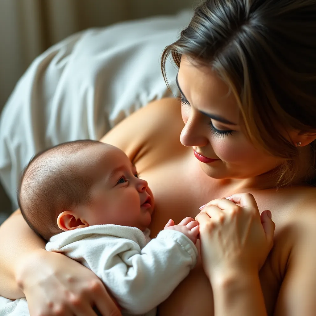 A photo of a mother breastfeeding her baby in a natural, comfortable position. The mother's face is relaxed and peaceful, while the baby is content and feeding. The image should emphasize the close connection between mother and child.