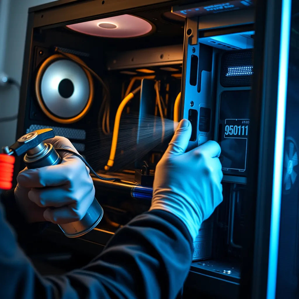 A photo of a technician carefully cleaning the inside of a desktop computer with compressed air and a cleaning brush. The image should emphasize the meticulous and thorough nature of the cleaning process, highlighting the importance of preventive maintenance for optimal performance.