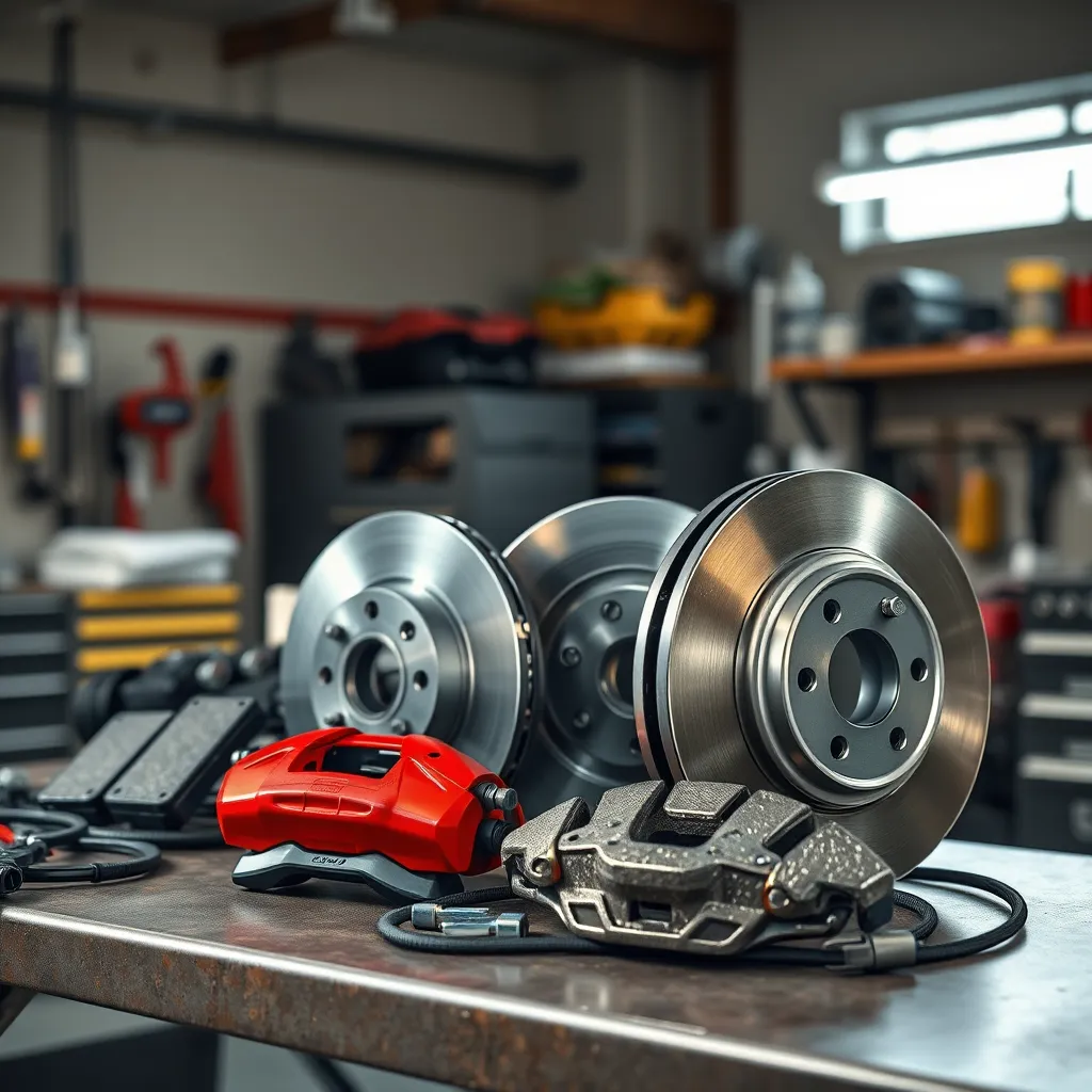 A photo of a variety of high-quality brake parts, such as brake pads, rotors, and calipers, displayed on a workbench in a well-lit garage. Include a visible component of a car's brake system, like a caliper, to highlight the connection between the parts and the vehicle.