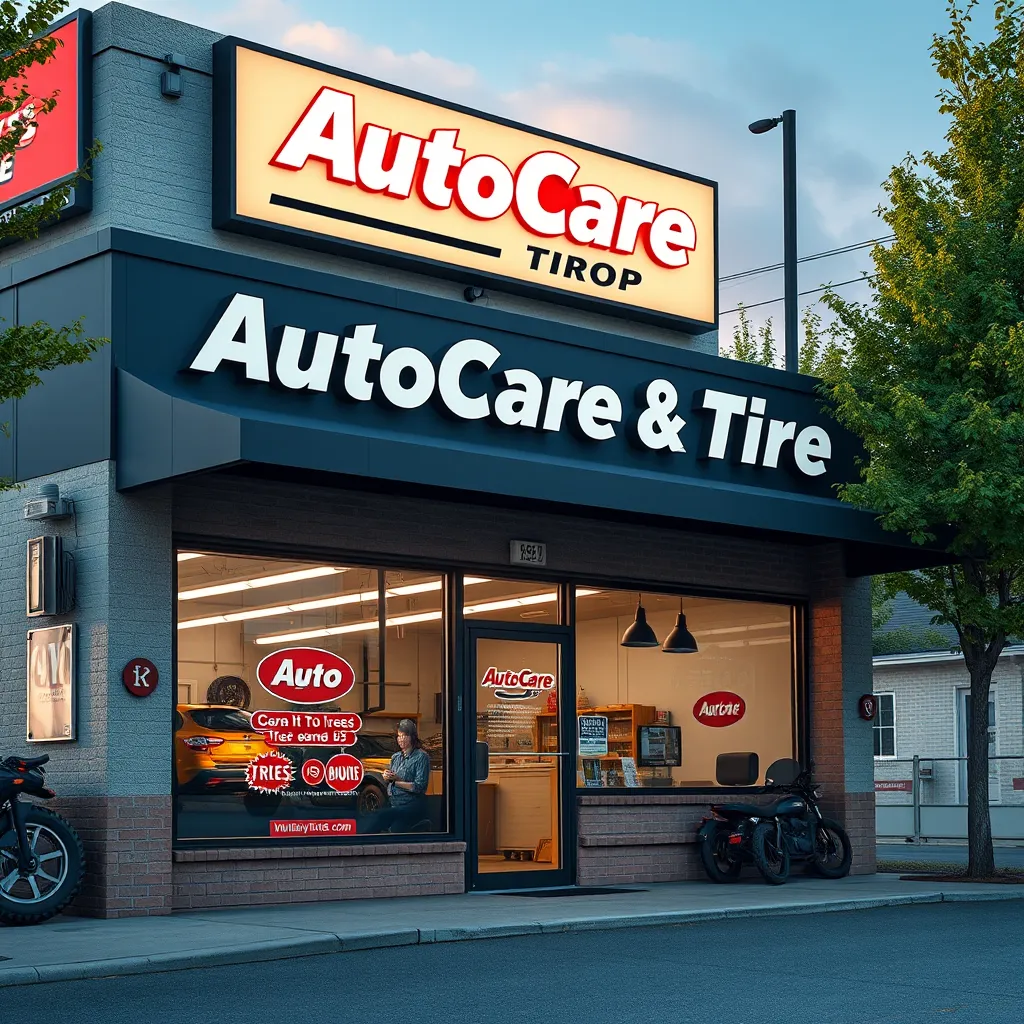 A photo of the exterior of AutoCare & Tires, showcasing the shop's signage and building. The image should include a clear view of the surrounding neighborhood, emphasizing its convenient location and accessibility.
