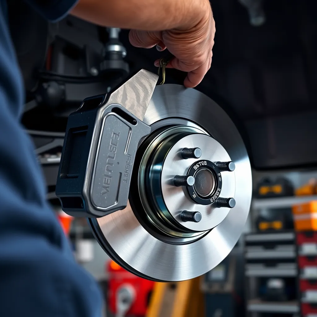 A photo showcasing a mechanic installing new brake rotors on a car. The image should highlight the high-quality brake parts and the technician's expertise. The background should depict a clean and organized workspace.